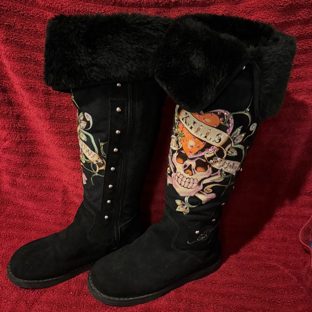 Ed Hardy Skull & “Kills” Heart Faux Fur Suede Tall Boots | Women’s US 6 - Picture 2 of 10